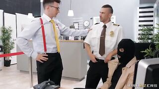 A hot bank robbery turns into a wild office sex session with stockings