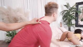 Two cute girls found a guy to share him in a threesome sex