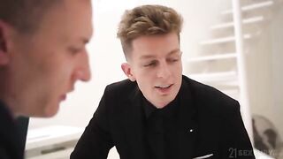 A hot blondie has sex with two guys, just like a cup of hot coffee