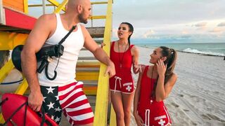 Two hot lifeguards are sharing a cock in an FFM