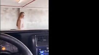 Redhead babe flashes and fucks in the garage public area