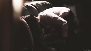 A girl is having fun with her boyfriend in the dark room