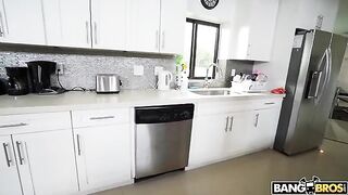 A mature woman is doing cleaning in full nakedness