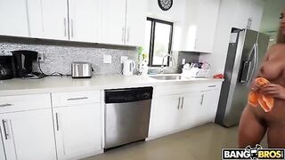 A mature woman is doing cleaning in full nakedness