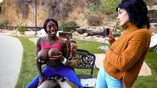 Nympho bitch flashes her pussy on a bench while jogging and gets fucked