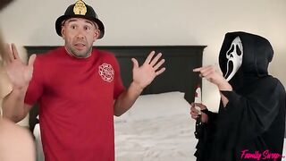 Two charming girls have fun with their unexpected guests
