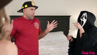 Two charming girls have fun with their unexpected guests
