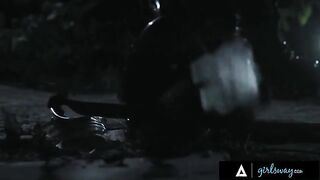 In a post-apocalyptic world, a thirsty huntress encounters two busty droids