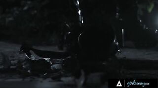 In a post-apocalyptic world, a thirsty huntress encounters two busty droids