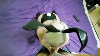 A bunny girl sucks dick of a guy, giving him a blowjob