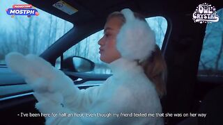 A college girl is making eye contact with strangers and getting fucked in a car