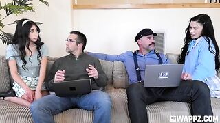 Two cute girls gave the stepfather a stunning group sex party on the couch
