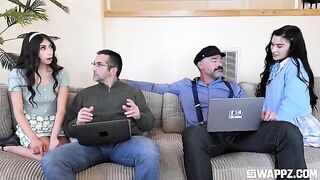 Two cute girls gave the stepfather a stunning group sex party on the couch