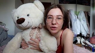 A girl with a teddy bear as best friend masturbates