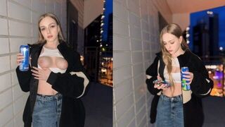 The cute girl showed more than her tits for the energy drink
