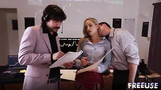 A whore for every trader! A hot threesome in an office setting with intense pussy licking