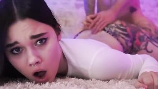 A pretty girl doesn't understand what the guy is doing with her pussy
