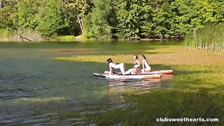 Lesbian beauties fuck in the city park, showcasing passionate pussy licking