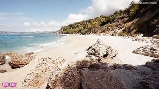 Wild sex on a nude beach during Reislin's vacation, showcasing her stunning 34D natural curves