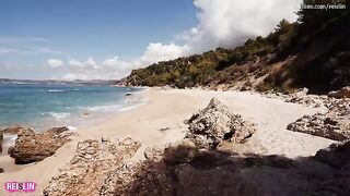 Wild sex on a nude beach during Reislin's vacation, showcasing her stunning 34D natural curves
