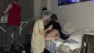 Two guys fucked a girl with tight pussy at a college party