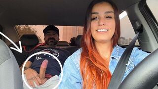 The girl noticed the guy's cock through his pants in the car