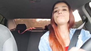 The girl noticed the guy's cock through his pants in the car