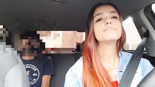 The girl noticed the guy's cock through his pants in the car