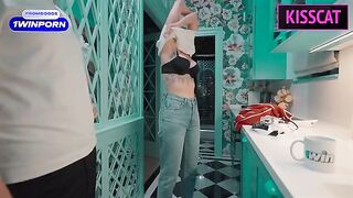 A beautiful girl is serving a young guy wearing only a sexy outfit