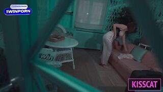 The girl came to the guy for every movement, she could not resist