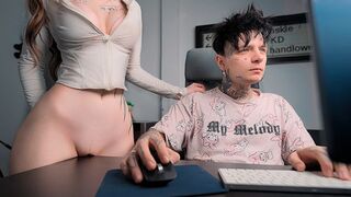 The girl rubs her pussy on the table and begs for cum