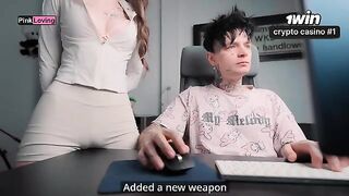 The girl rubs her pussy on the table and begs for cum