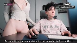 The girl rubs her pussy on the table and begs for cum