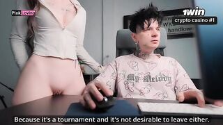 The girl rubs her pussy on the table and begs for cum