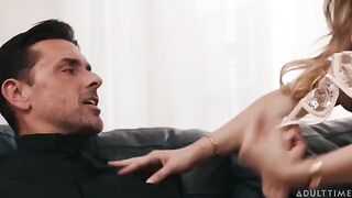 You can turn it up louder in the back - a hot brunette gets a mouthful of cock