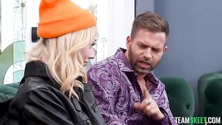 The blonde woman’s loud moans as she sits on my cock