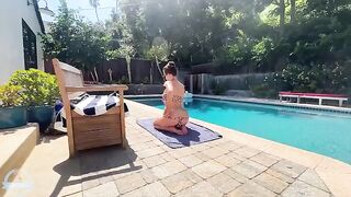 A big-breasted MILF fucks with her son’s friend by the pool