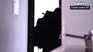 A girl with a huge ass is being robbed and fucked by a muscular guy