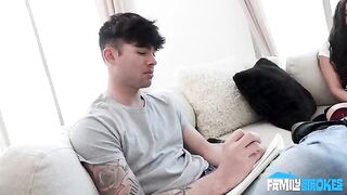 Girl makes a blowjob from the first view, showing her throat full of saliva