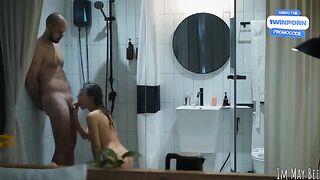 A shower stall just big enough for two to get intimate. That's the way they like it
