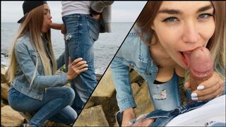 Skinny blonde Veronika Charm gives a deepthroat blowjob on the beach, showcasing her skills