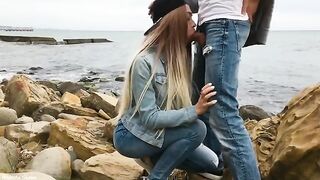 Skinny blonde Veronika Charm gives a deepthroat blowjob on the beach, showcasing her skills