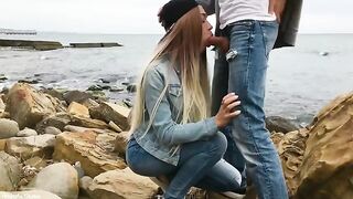 Skinny blonde Veronika Charm gives a deepthroat blowjob on the beach, showcasing her skills
