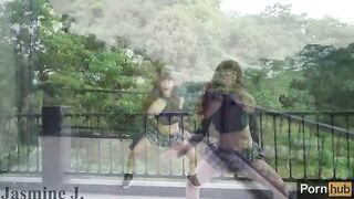 A sexy girl Jasmine J pees and squirts like a fountain on the balcony