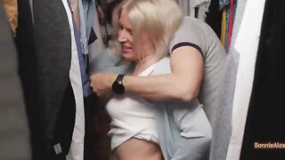 A couple has spontaneous sex right in the dressing room, standing up