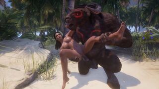 A big-breasted woman is being fucked by two large monsters